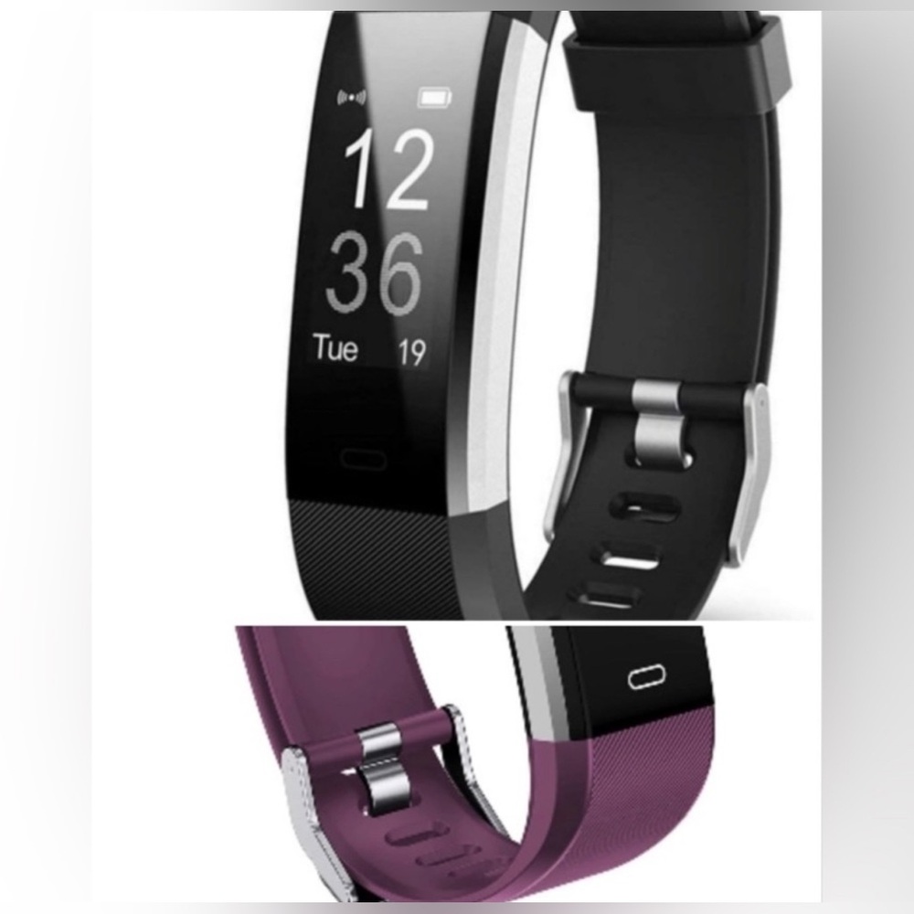 Lintelek ID115 Plus Fitness Tracker, comes with both a Purple band + Black band
